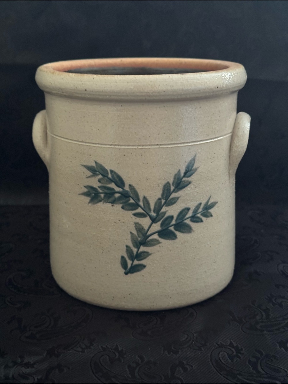 Salmon Falls Stoneware Cream Ceramic Crock with Green Fern Motif - Picture 2 of 9